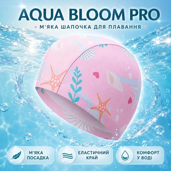 Шапочка для плавания детская текстильная эластичная AQUA BLOOM PRO 20×12 см розовая с морскими звездами и ракушками