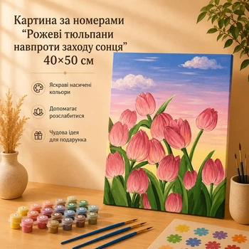 Картина за номерами "Рожеві тюльпани навпроти заходу сонця" 40×50 см