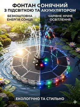 Фонтан садовый на солнечной батарее с аккумулятором и подсветкой, 1500mAh, 16см, 6 насадок 3,5W