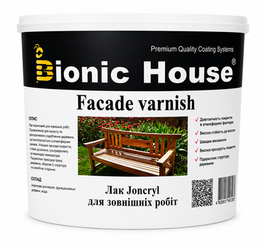 Лак для зовнішніх робіт по дереву Joncryl Facade Varnish Bionic-House, Безбарвний, Напівматовий, 0,8 л