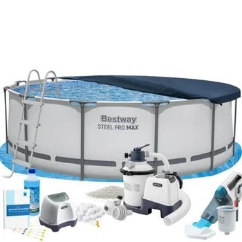 Большой каркасный бассейн 10 250 л., круглый MaxPro Bestway 56420-11в1, 366 х 122 см (в комплекте бассейн, подстилка, стремянка, фильтр 3 500 л/ч, песок, хлоргенератор 4 г/ч, соль, альгенкс).
