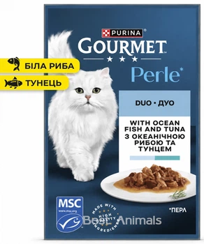Вологий корм для котів Gourmet Perle Гурме Перл з білою рибою та тунцем у соусі пауч 85 г 1 шт (8445291188099)