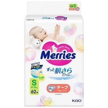 Підгузки Merries для дітей розмір S 4-8 кг / 62 шт (Super Jumbo)