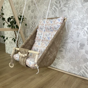 Підвісна дитяча гойдалка Бежева 2 в 1 "Зайці" гамак колиска люлька дерев'янна гойдалка