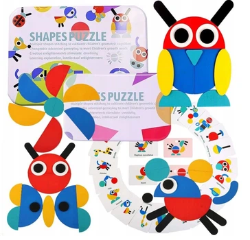 Монтессорі головоломка дерев'яний танграм Shapes Puzzle геометричні фігури пазли для дітей головоломка дерев'яна мозаїка логічна настільна гра розвиваюча іграшка навчальні картки форми тварини предмети STEM сортер 2 металеві коробки для зберігання