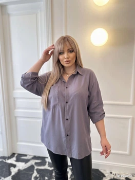 Льняна натуральна сорочка класична жіноча вільного прямого крою великих розмірів 52-54 сіра