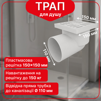 Трап нерегулируемый Kronoplast с пластиковой решёткой 150×150 мм и горизонтальным выпуском Ø110 мм TS11510404