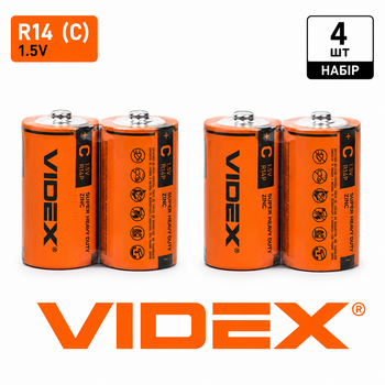 Батарейки Videx R14 (C) 1.5V Super Heavy Duty, набор 4 шт., солевые элементы питания для фонарей, радиоприемников и бытовых