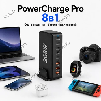 Зарядное устройство YMS-868 GAN 3 PRO USB Type-C, USB устройство док станция 8в1 3*USB, 5*type C 268W 1 порт 100Вт (519)