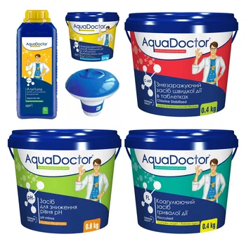 Набір хімії для басейну AquaDoctor 6 в 1 (Альгіцид, pH Minus, Хлор швидкої та повільної дії, Коагулянт, Дозатор)