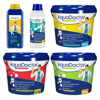 Набір хімії для басейну AquaDoctor 5 в 1 (Альгіцид, pH Minus, Хлор швидкої та повільної дії, Коагулянт FL)