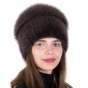 Женская норковая шапка на вязаной основе Меховой Стиль Шарик с помпоном из песца 54-60 Кофейный (115/2/G)