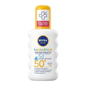 Солнцезащитный спрей для детей NIVEA SUN Babies & Kids, «Ультразащита» 5 в 1 для детской кожи, UVA/UVB, SPF 50+, 200 мл водостойкий лосьон-крем от солнца
