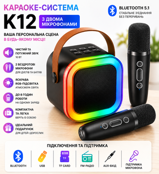 Караоке-система K12 з двома мікрофонами, Bluetooth, чорна