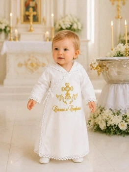 Дитяча хрестильна сорочка Family Tradition сатин з вишивкою та мереживом 56 см біла Мілашка