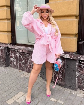 Костюм жіночий лляний двойка із сорочкою та шортами вільного крою літній великих розмірів G&M k-130780 60-62 Розмір колір рожевий