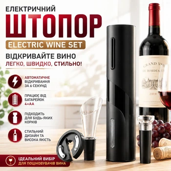 Електричний штопор Electric Wine Set автоматичний відкривач для пляшок вина на батарейках 4 АА Електроштопор портативний бездротовий