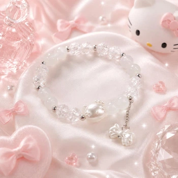 Браслет Hello Kitty білий з намистинами 8 мм на резинці