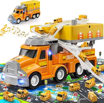 Игровой набор строительной техники TEMI Truck Station: Грузовик-транспортер, 8 машинок и большая трасса-станция - Б/У