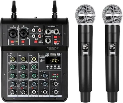 Студийный комплект Micfuns M4-PRO: 4-канальный аудиомикшер + 2 беспроводных микрофона (UHF) - Профессиональная - Б/У