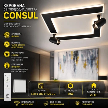 Люстра светодиодная ESLLSE с пультом CONSUL 80W S 480×480×125мм Черно-белая
