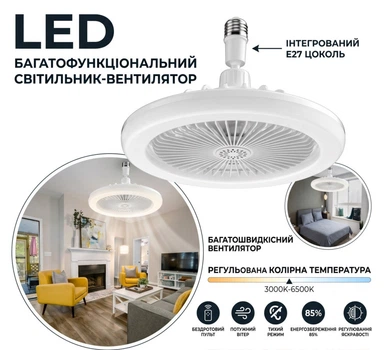 Вентилятор LED Лампа в патрон E27 Светодиодная люстра с вентилятором и пультом 25×11см