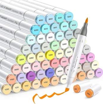 Маркеры Caliart Спиртовые Кисть Долото для скетчинга 61 пастельных цветов Pastel Alcohol Markers Brush Chisel Tip