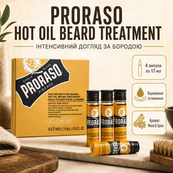 Интенсивный уход за бородой Proraso Hot Oil Beard Treatment Wood & Spice 4х17 мл, горячее масло для смягчения и питания