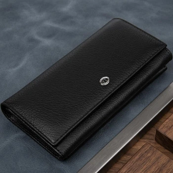 Женский вертикальный кошелек ST Leather Черный из натуральной кожи с монетницей (bg193fash75)