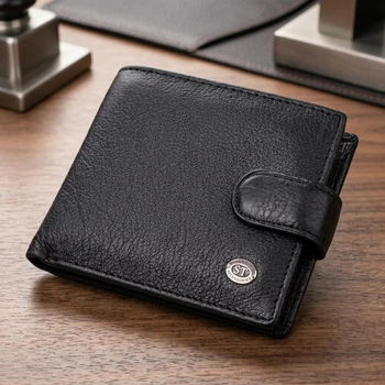 Мужской горизонтальный бумажник среднего размера из натуральной кожи ST Leather с монетницей и хлястиком черный (bg224fash84)