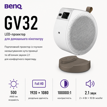 Проектор портативний BenQ GV32 DLP FHD 500 ANSI лм HDMI USB-C Wi-Fi White (9H.R0K77.59E)