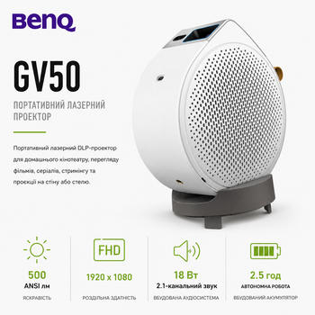 Проектор портативний лазерний BenQ GV50 DLP FHD 500 ANSI лм HDMI USB-C Wi-Fi White (9H.JSR77.59E)