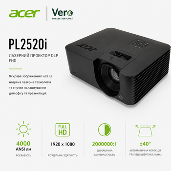 Проектор лазерний Acer Vero PL2520i DLP FHD 4000 ANSI лм HDMI Black (MR.JWG11.001)