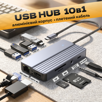 USB HUB 10в1 юсб хаб для ПК та ноутбука - перехідник розгалужувач концентратор для флешек TYPE-C | PD 3.0 | TF | SD | RJ45 | HDTV 4K