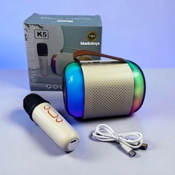 Портативная Bluetooth колонка K5 с подсветкой и беспроводным микрофоном караоке