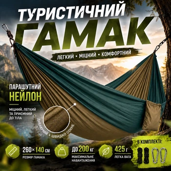 Гамак Kayfovo AIR прочный из парашютного нейлона Зелено-Коричневый