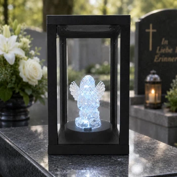 Лампадка на сонячній батареї сидячий Ангел 20,5 см | скло, чорний метал | LED біле світло