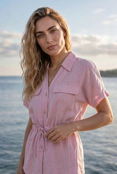 Льняная рубашка с кулиской XXL-3XL. Розовый