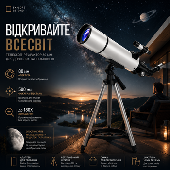 Професійний телескоп-рефрактор 80/500 мм для дорослих: FMC оптика, 180x збільшення, екваторіальне монтування, адаптер для фото