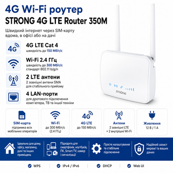 4G Wi-Fi роутер STRONG 4G LTE Router 350M із SIM-картою, 2.4 ГГц, до 300 Мбіт/с, білий