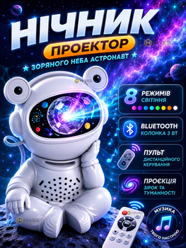 Детский ночник-проектор галактики Астронавт с Bluetooth, LED подсветкой, пультом управления и проекцией звезд