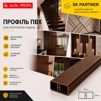 Декоративная рейка ПВХ 75х30 мм для зонирования пространства и декора интерьера, коричневая, 1 м