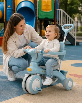 Триколісний велосипед Baby Carriage 588 з батьківською ручкою та кошиком / Велосипед-коляска Блакитний