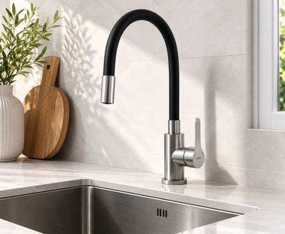 Смеситель для кухни Brinex Pure 015F3 с гибким изливом Nickel/Black (47059)
