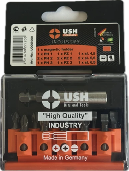 Набор бит USH Industry 1/4" PH1 PH2 PZ1 PZ2 SL4.5 SL6.5 с магнитным держателем 12 предметов U0007000