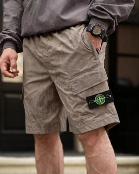 Чоловічі шорти карго Stone Island із жатої плащівки M бежеві (96597)