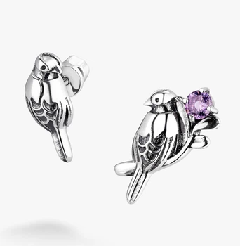 Серьги пусеты серебряные в форме птицы Соловейко Amethyst 925 Zirkon