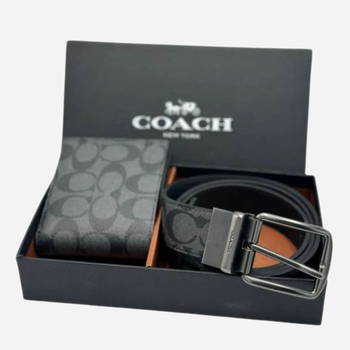 Набір гаманець + ремінь чоловічий з натуральної шкіри Coach Boxed Wallet And Belt Set In Signature Canvas #2 10011 Чорний (889532715794)
