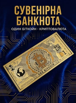 Банкнота 1 Біткоїн пам'ятна купюра one Bitcoin сувенірна криптовалюта BTC з золотим покриттям колекційна валюта золота подарункова позолочені сувенірні гроші coine подарунок трейдеру криптоінвестору чоловіку колекціонеру