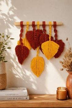 Натуральне настінне панно макраме Meloman Red+Yellow Leafs , 30 * 45 см в етно стилі, бохо